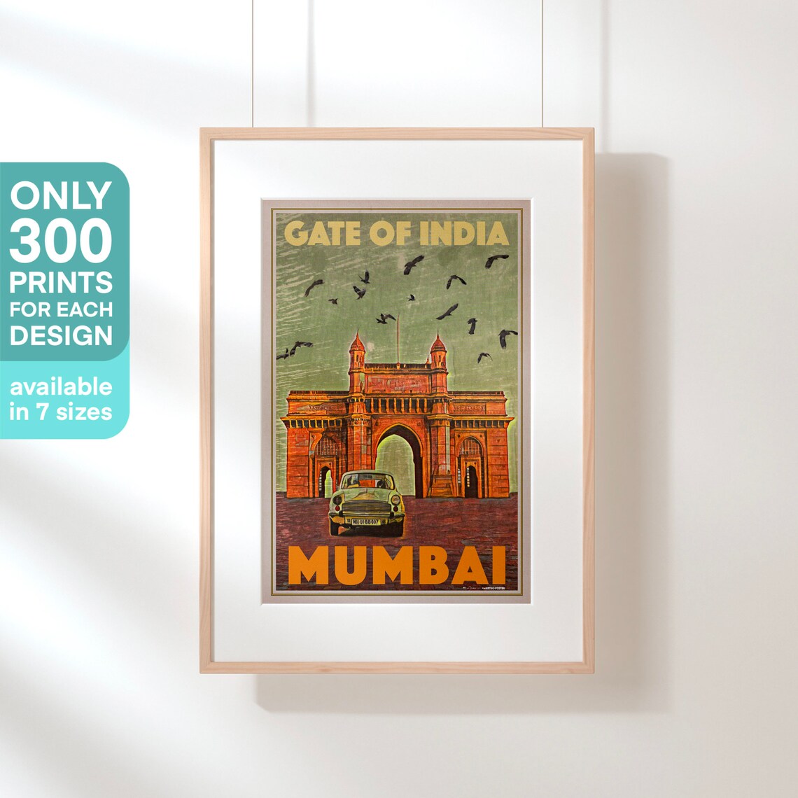 Mumbai Gateway Of India Classic Car Birds Sky Vintage Travel Poster - Image 3