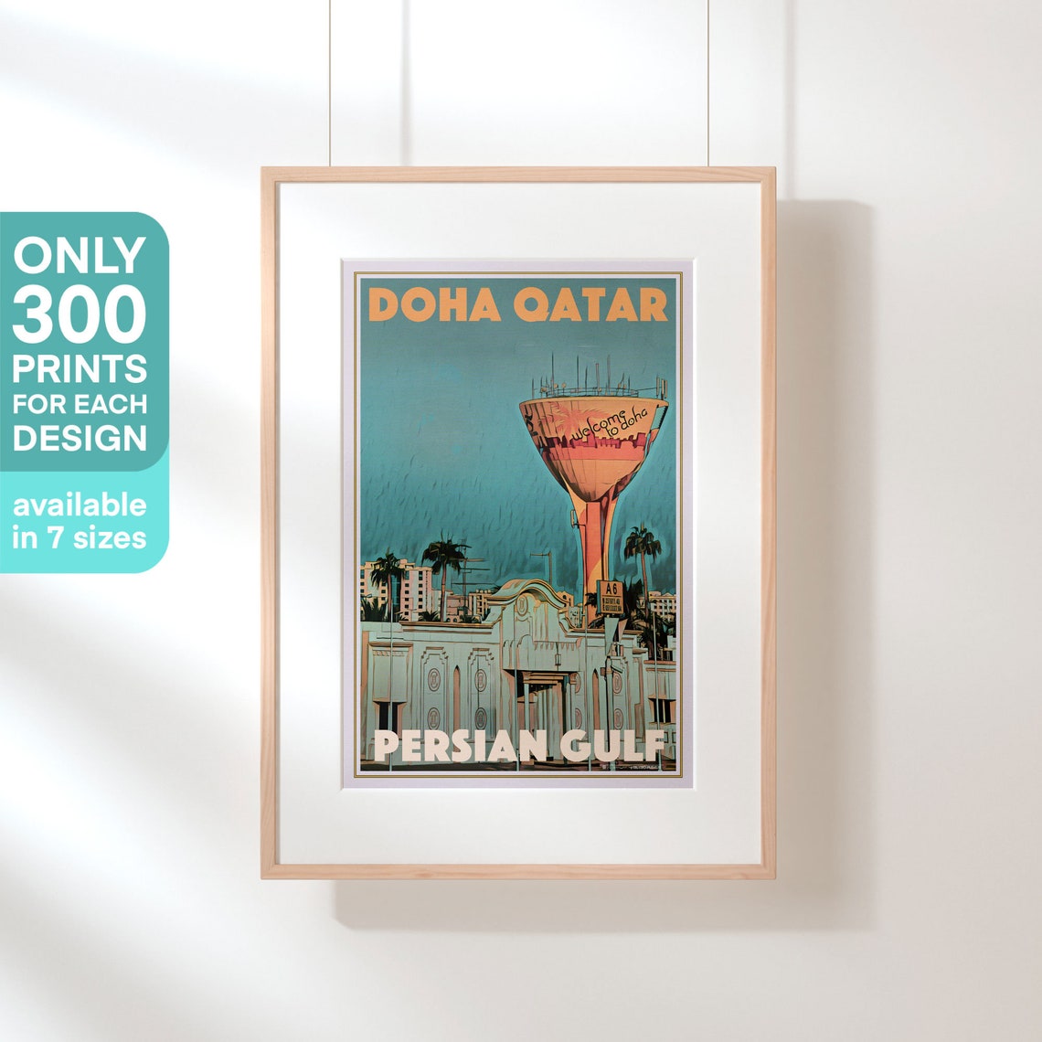 Doha Qatar Welcome Water Tower Persian Gulf Vintage Travel Poster - Image 3