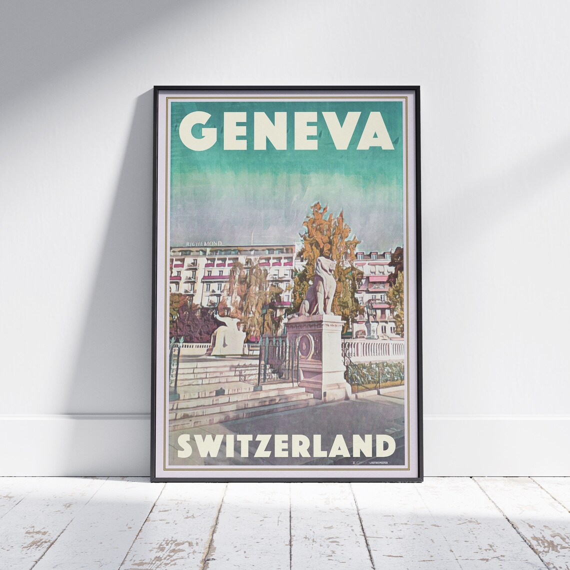 Geneva Switzerland Lion Statue Lakefront Retro City Travel Poster