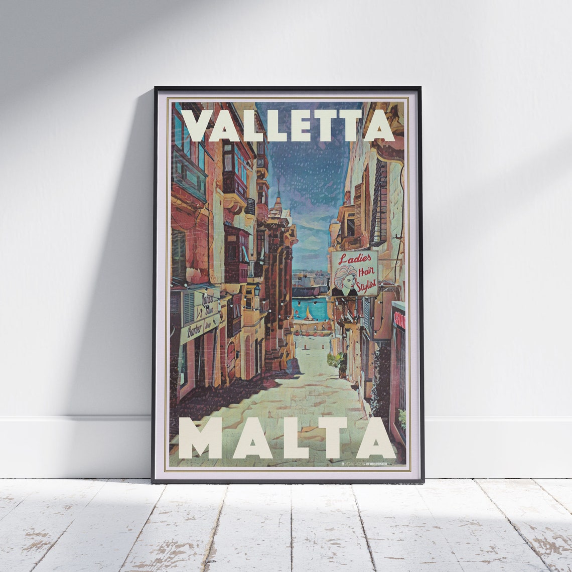 Valletta Old Baroque Street Harbor View Malta Vintage Travel Poster