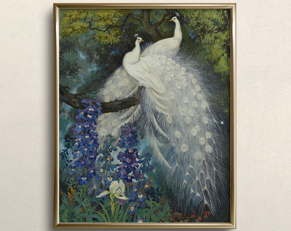 Two White Peacocks With Blue Delphiniums Vintage Exotic Bird Art Print