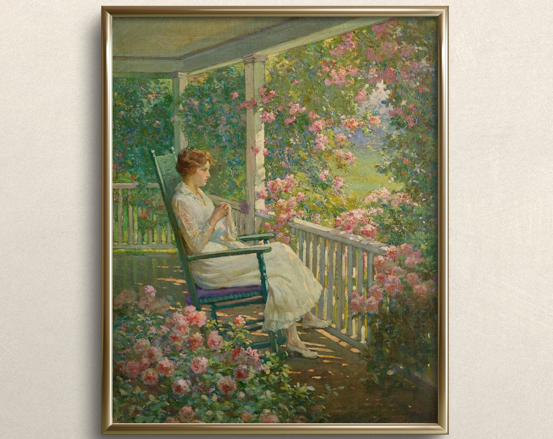 Woman On A Porch Fine Art Print Vintage Garden Wall Art Eclectic Wall Art Cottage Wall Art Green Oil Painting Spring Art A56