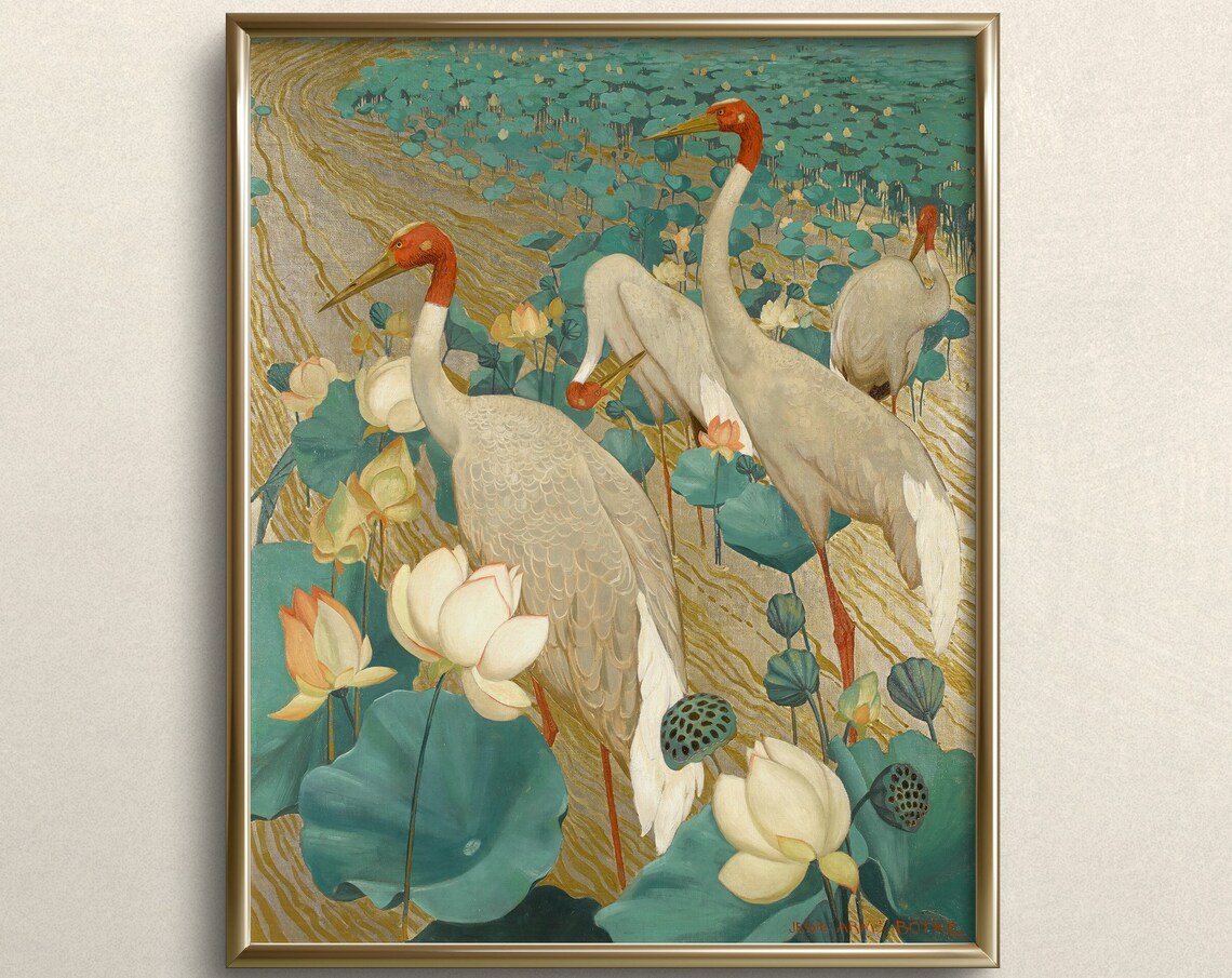 Red Crowned Cranes Lotus Pond Art Nouveau Vintage Bird Art Poster