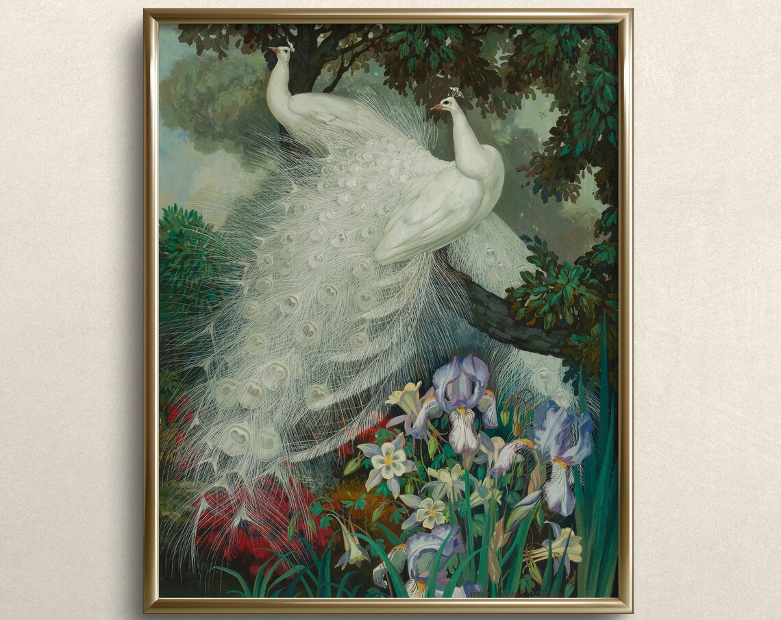 White Peacocks Perched On Branch With Irises Vintage Bird Art Print