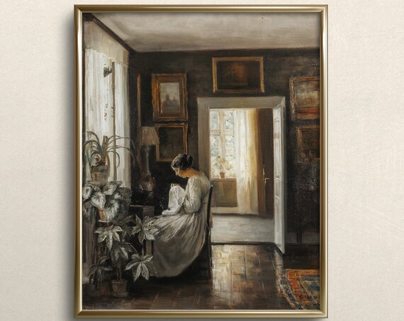 Embroidering By The Window, Vintage Cottage Style Art Print