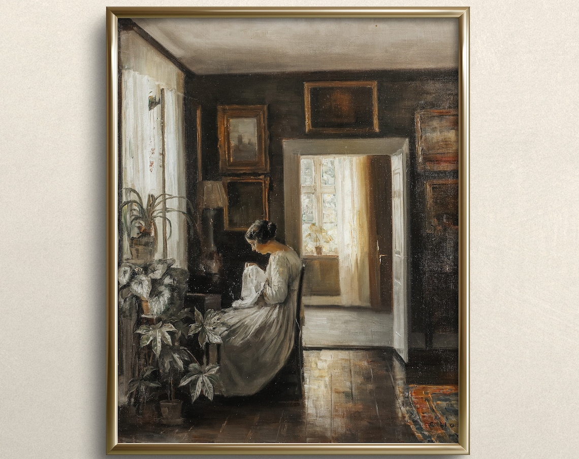 Embroidering By The Window, Vintage Cottage Style Art Print