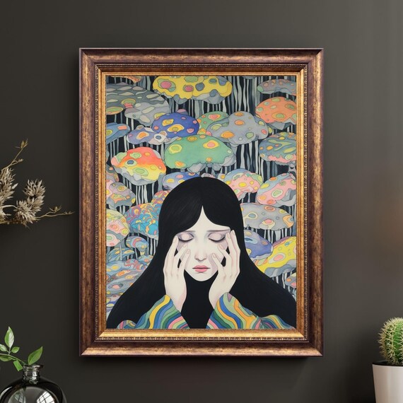 Dreamlike Woman with Mushroom Forest Psychedelic Surrealist Art Poster