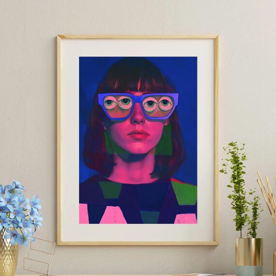 Neon Multi Eyed Woman with Blue Glasses Surreal Abstract Portrait Poster