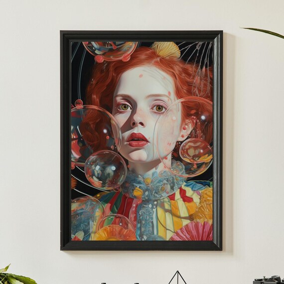 Red Haired Woman Soap Bubbles Surreal Colorful Portrait Poster