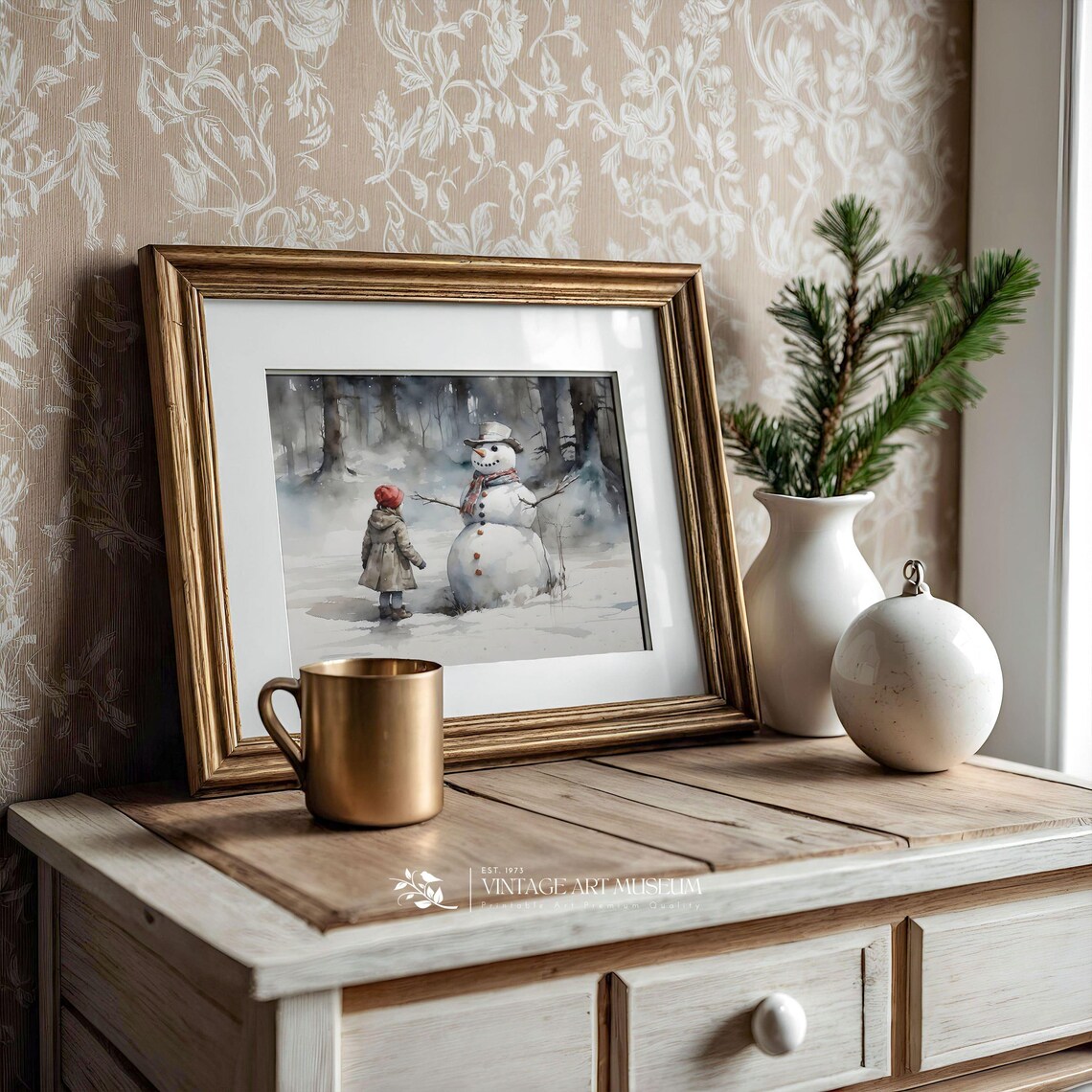 Christmas Snowman And Girl Vintage Winter Art Print - Image 3
