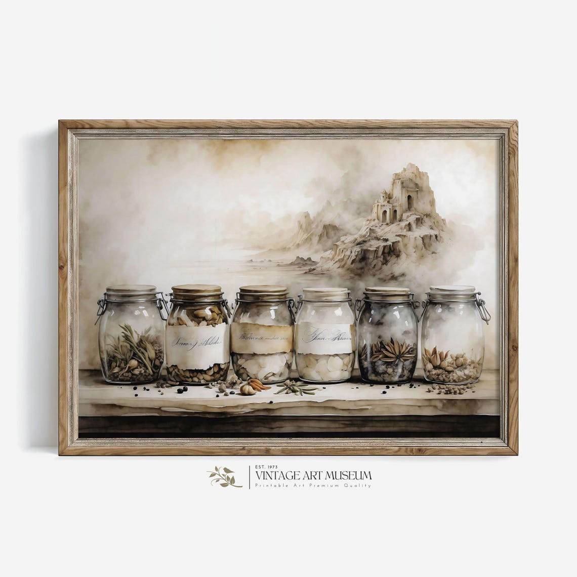 Vintage Apothecary Herb Jars Before Castle Cliff Kitchen Art Poster