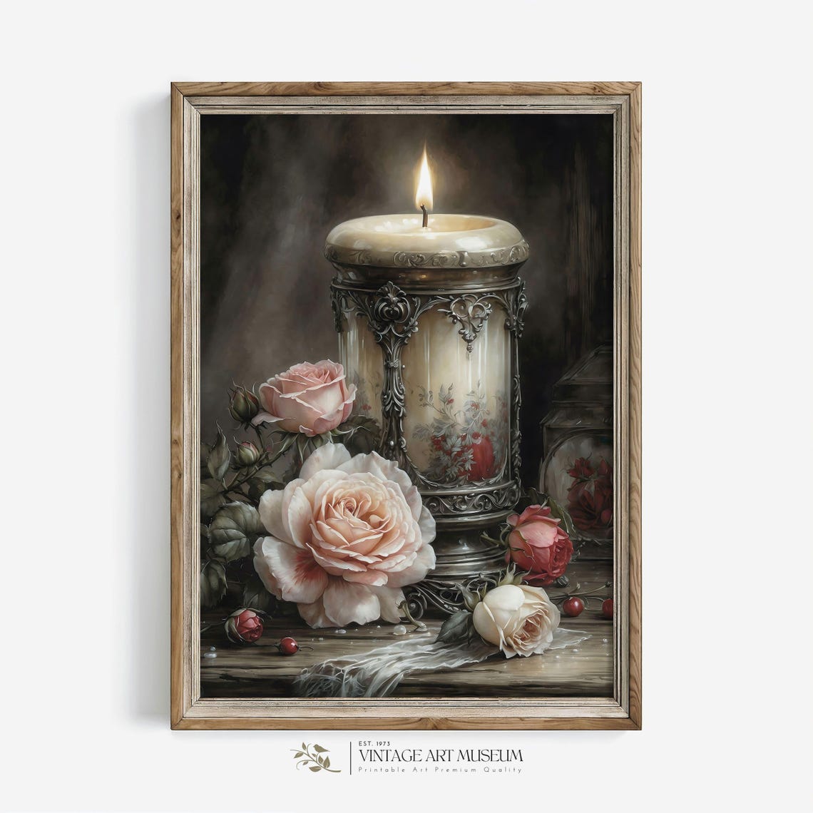 Victorian Candle with Roses Romantic Vintage Still Life Wall Art