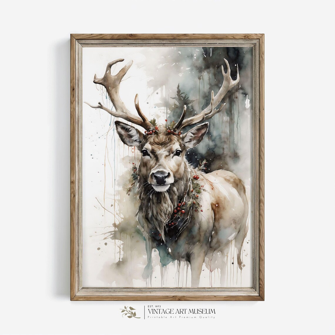 Santas Reindeer Christmas Watercolor Art Print