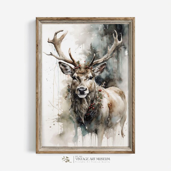 Santas Reindeer Christmas Watercolor Art Print