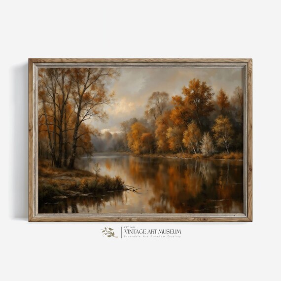 Autumn River Landscape Golden Trees Vintage Oil Painting Style Poster