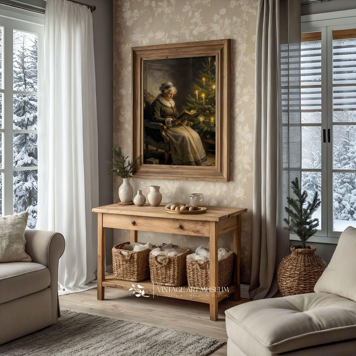 Mrs Claus Reading by Candlelit Christmas Tree Vintage Holiday Wall Art - Image 2
