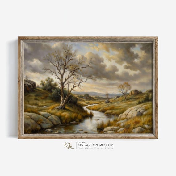 Minimalist Landscape With A Stream Warm Toned Rustic Wall Art Vintage Style Oil Painting Artwork For Home Decor 87