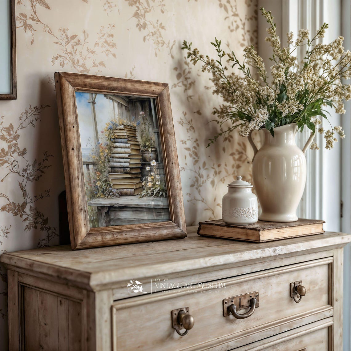 Stack of Antique Books with Wildflowers Watercolor Library Wall Art - Image 3