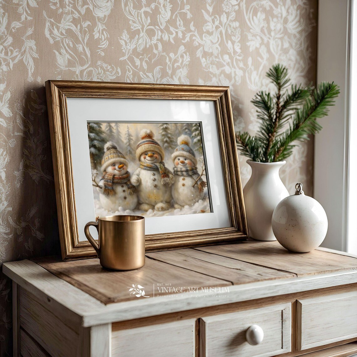 Three Cheerful Snowman Christmas Print, Vintage Xmas - Image 2
