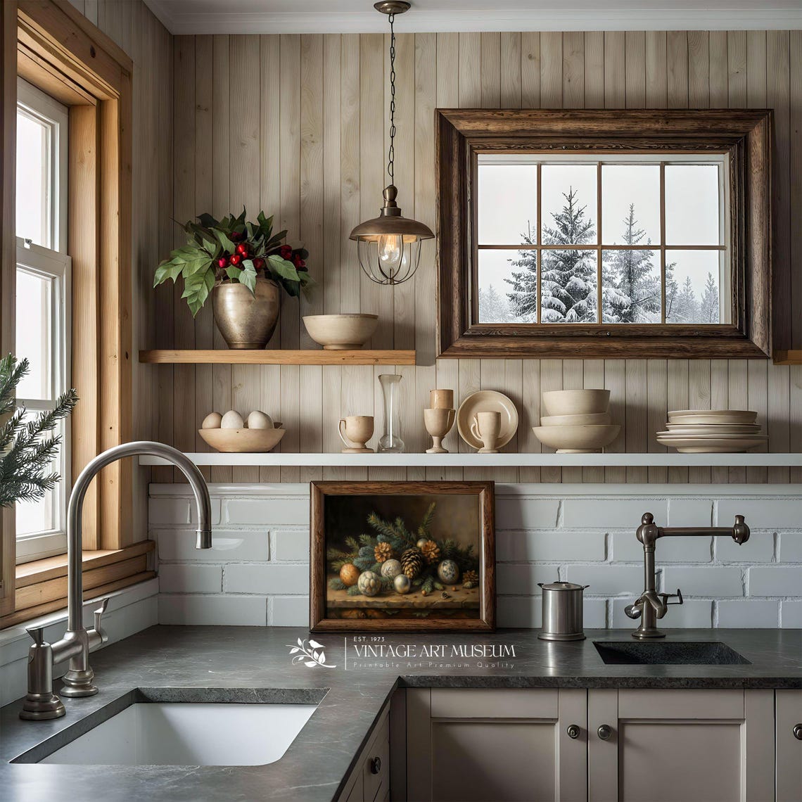Winter Still Life with Pinecones and Christmas Ornaments Wall Art - Image 2
