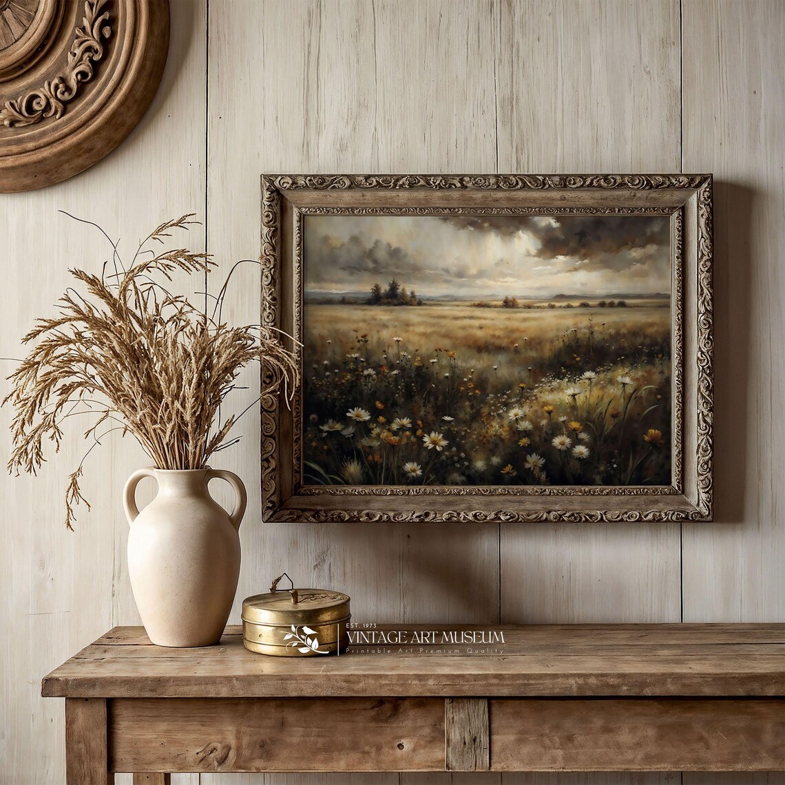 Spring Wildflower Field Under Dramatic Sky Vintage Meadow Painting Poster - Image 3