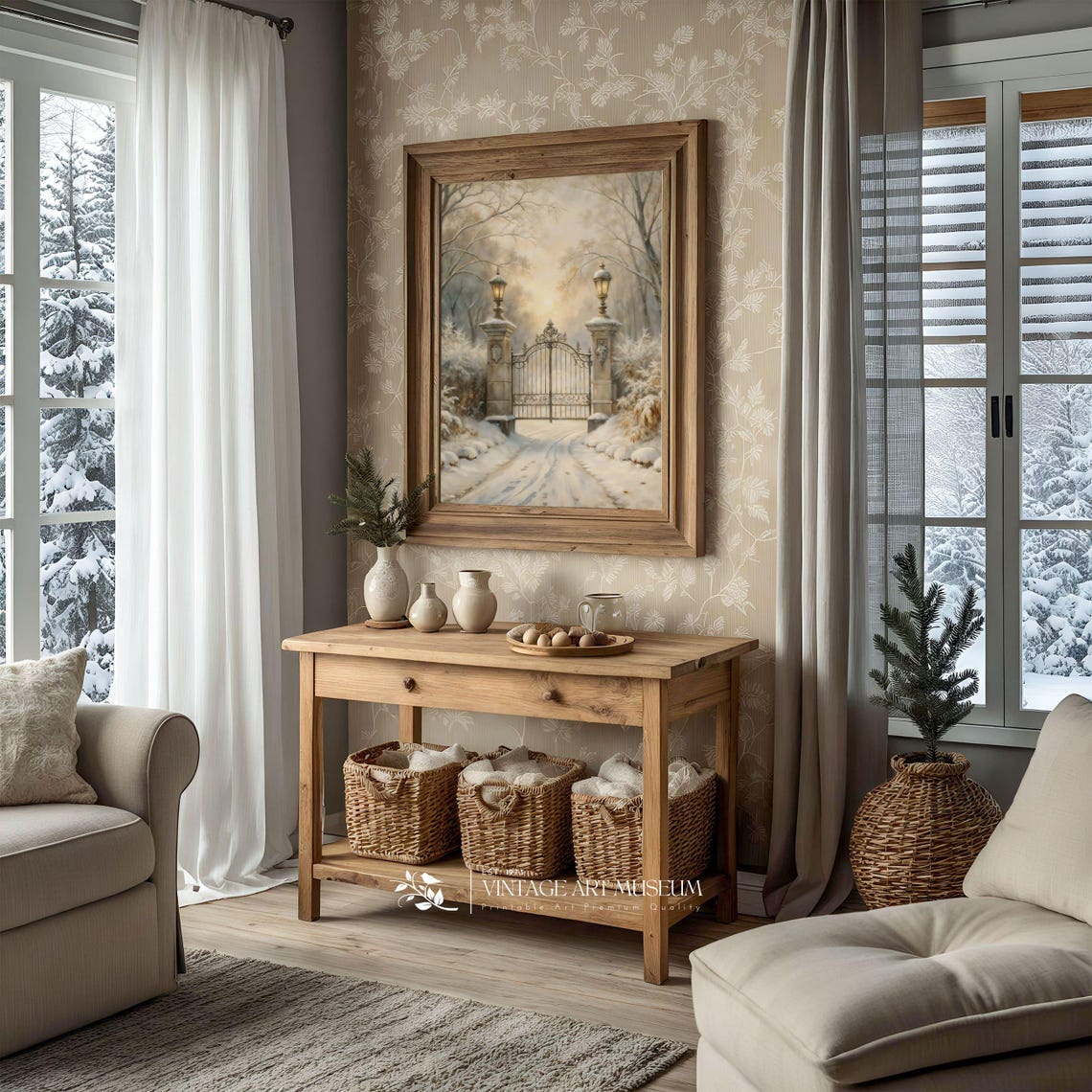 Snowy Winter Gate with Lanterns Vintage Landscape Room Wall Poster
