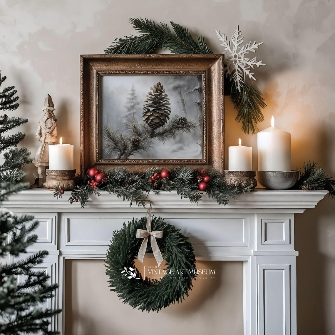 Detailed Pine Cone on Snowy Pine Branch in Gray Winter Mist Poster - Image 3