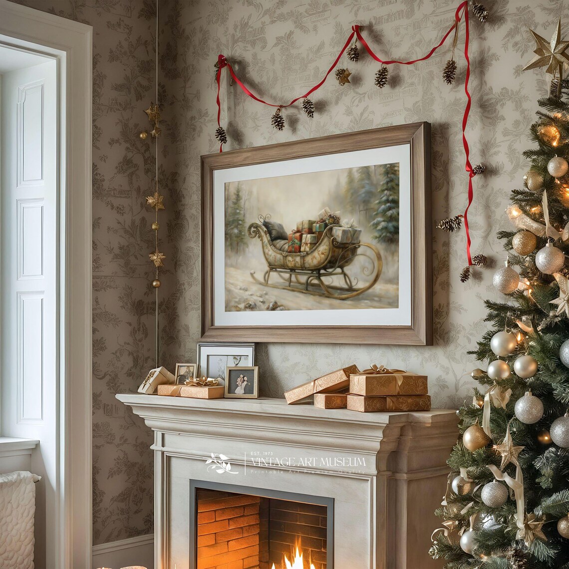 Vintage Sleigh With Santa Gifts Christmas Art Print - Image 2
