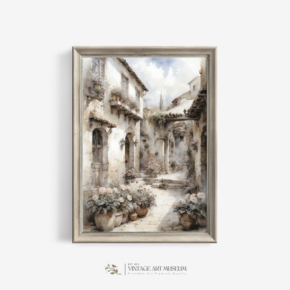 Old Village Courtyard Italy Art Print Blooming Garden Vintage Wall Art Architecture Watercolor Moody Cottagecore Decor 108