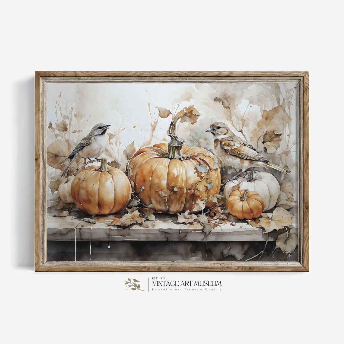 Vintage Pumpkin Bird Art Print, Rustic Fall Decor