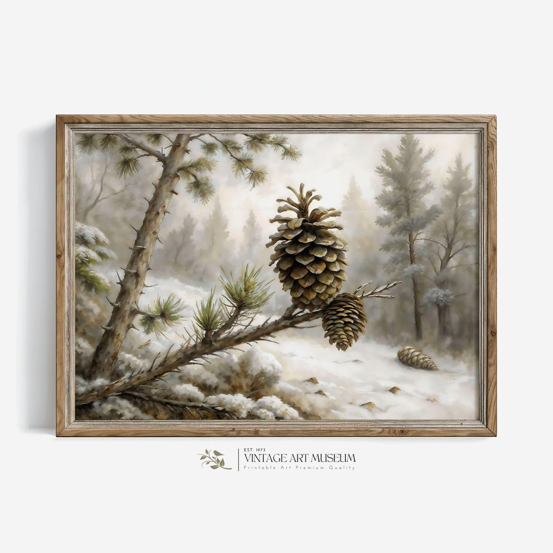 Pine Cone on Snow Covered Branch in Misty Winter Forest Poster