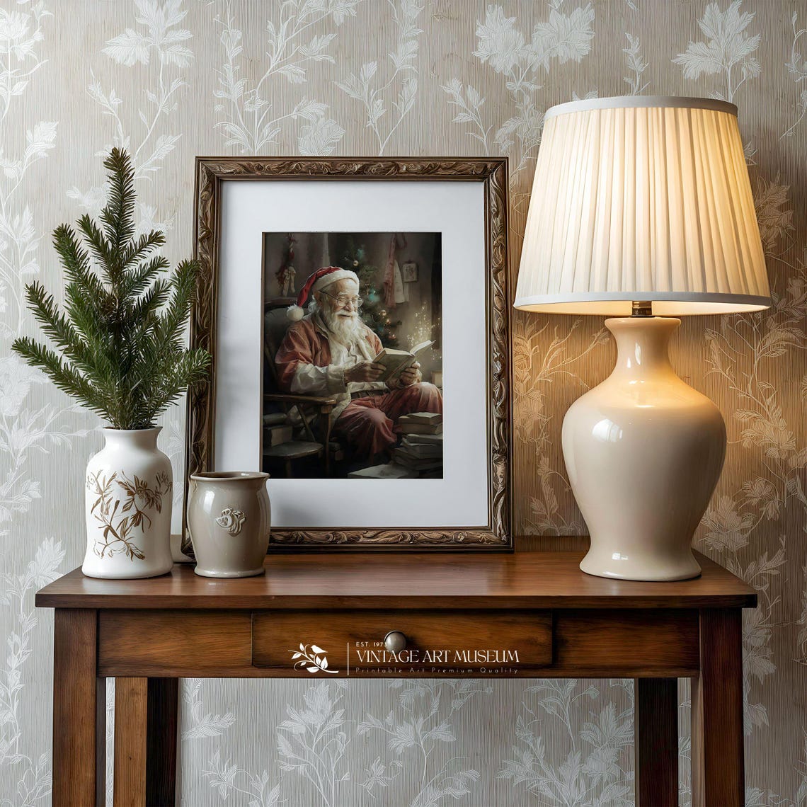 Santa Claus Reading A Book By The Christmas Tree Vintage Art Poster - Image 3