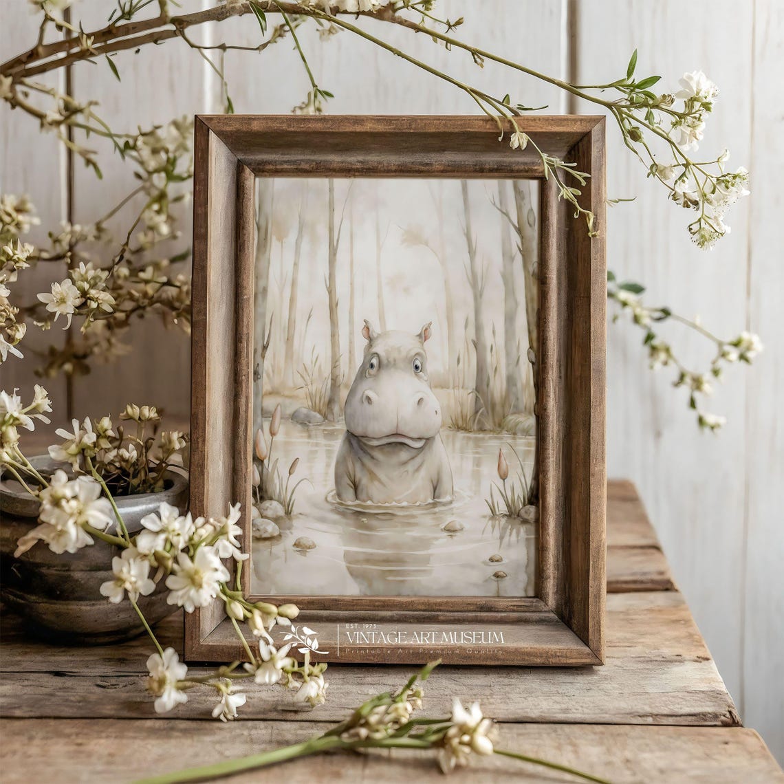 Watercolor Baby Hippo in a Pond Soft Beige Nursery Animal Wall Poster - Image 3