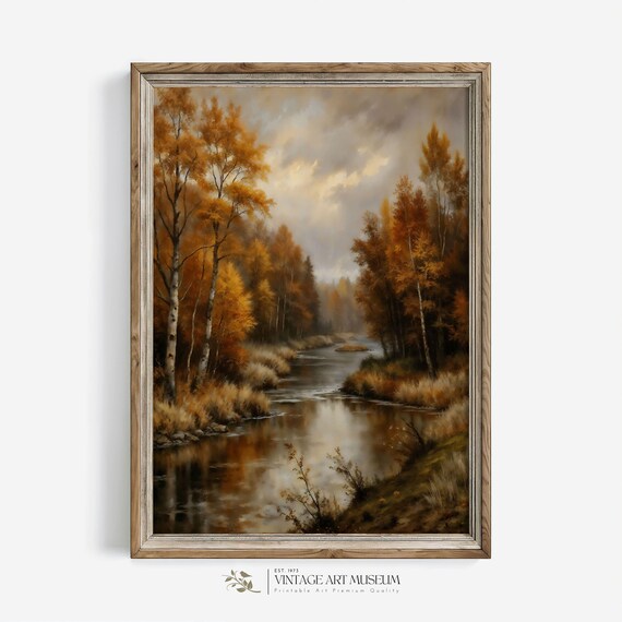 Serene Autumn Forest With River Vintage Fall Art