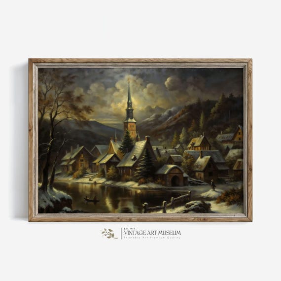 Fairytale Winter Village Unique Snowy Night Rural Landscape Print Moody Wall Art Oil Painting Cottagecore Seasonal Decor 154