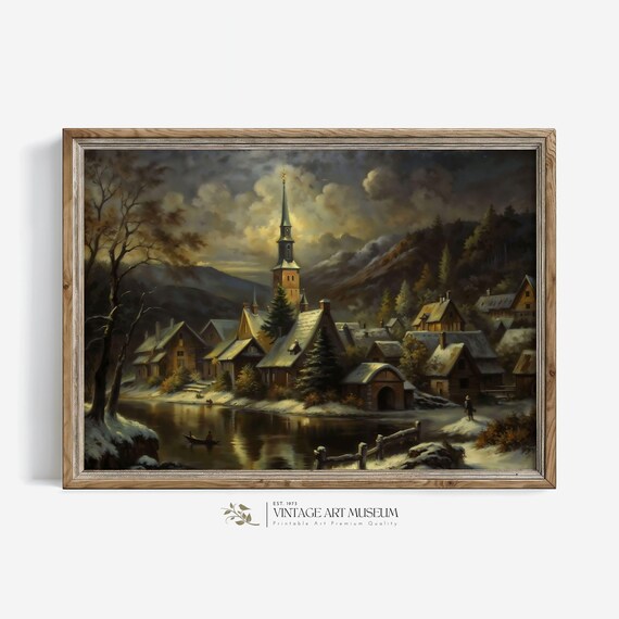Snowy Village By The River At Dusk Church Spire Vintage Painting Poster