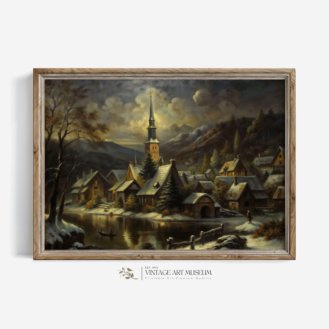 Snowy Village By The River At Dusk Church Spire Vintage Painting Poster