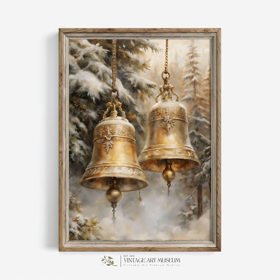 Two Golden Christmas Bells Vintage Style Art Print - Image 3