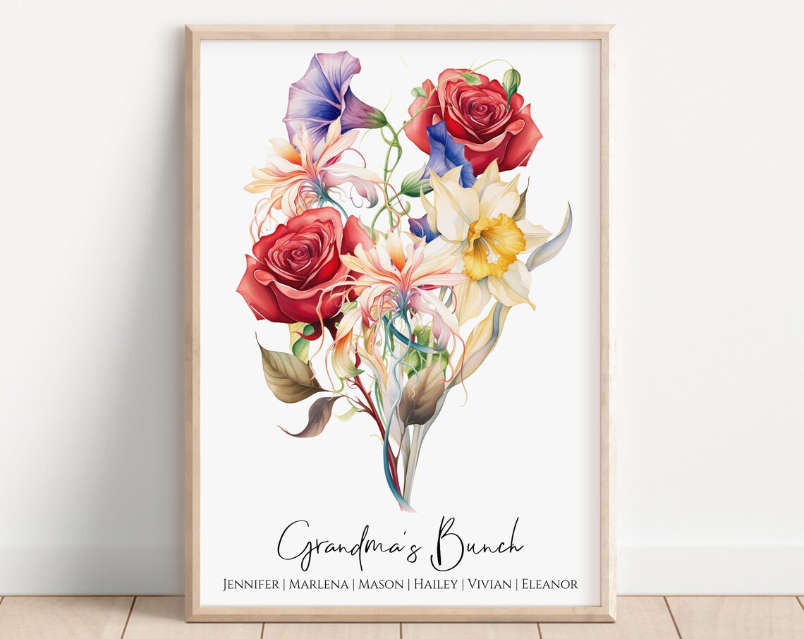 Grandma's Bunch Watercolor Bouquet Poster Personalized Family Gift