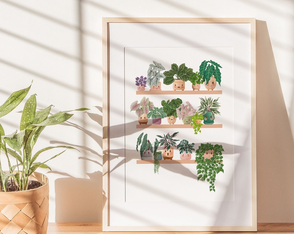 Twelve Cute Smiling Plants On Shelves Botanical Illustration Poster - Image 3
