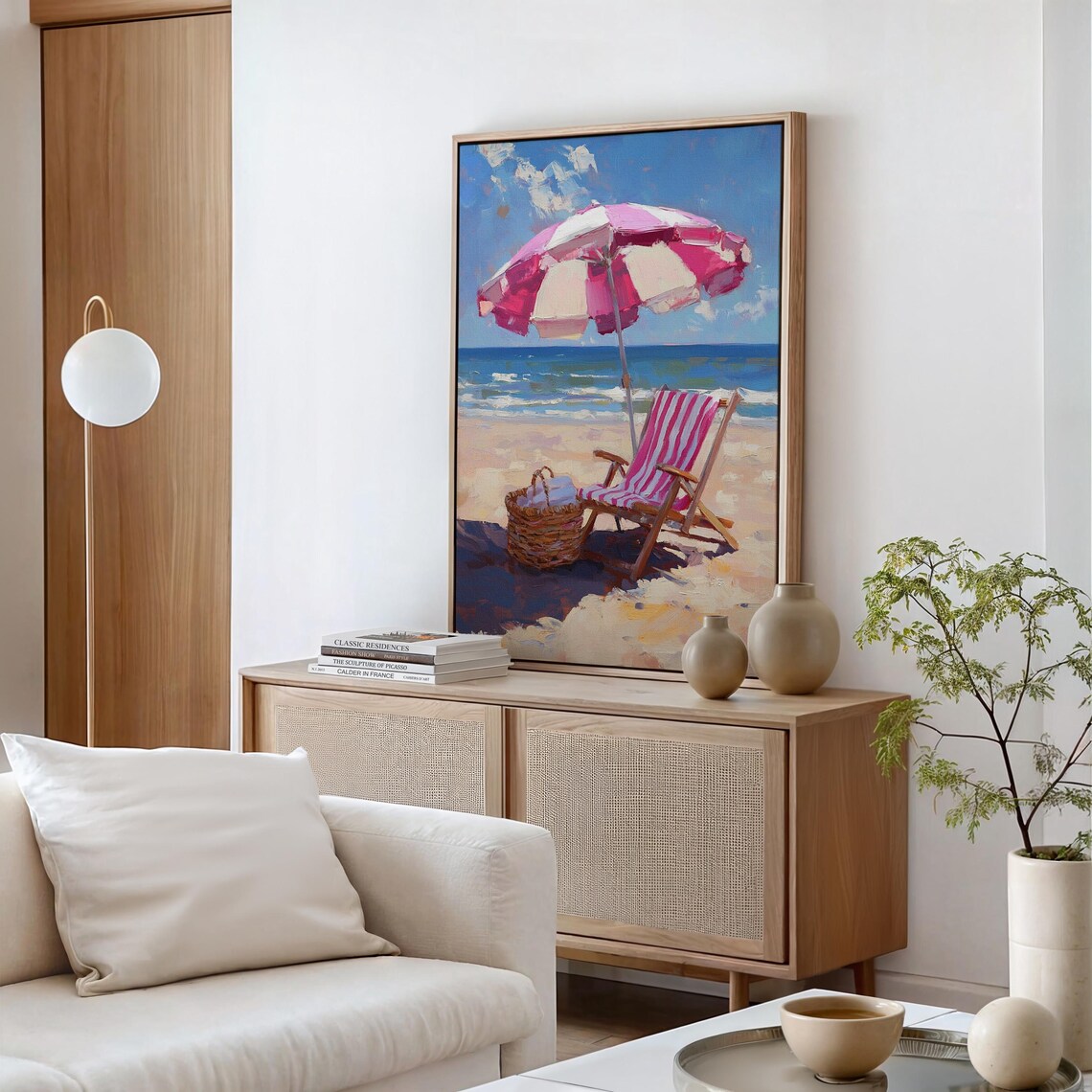 Pink Striped Beach Umbrella Chair Basket Sunny Seaside Art Print - Image 4