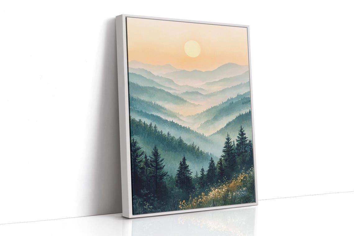 Misty Mountain Sunrise Print Tranquil Landscape Painting Serene Nature Wall Art Forest Hills Decor For Home Or Office - Image 3