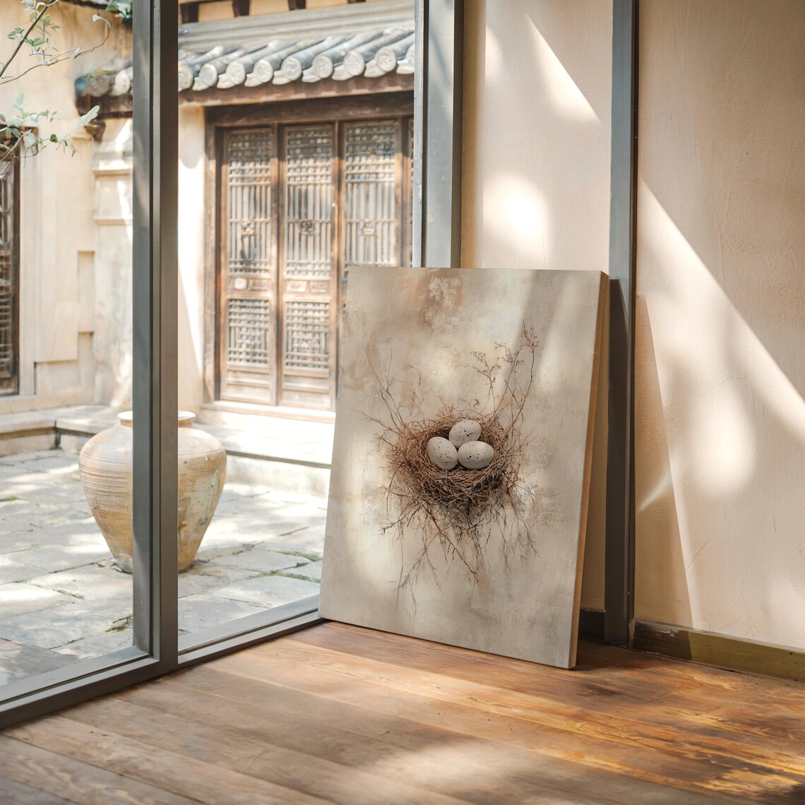 Rustic Bird Nest Painting, Minimalist Wildlife Artwork - Image 2