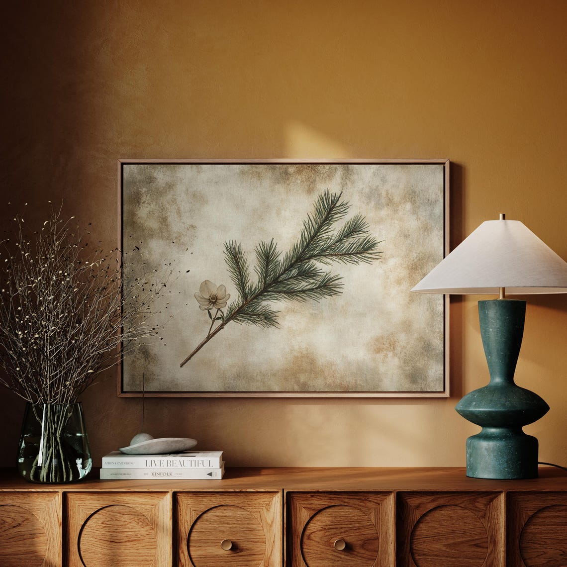 Vintage Botanical Pine Branch With White Flower Aged Paper Print - Image 2