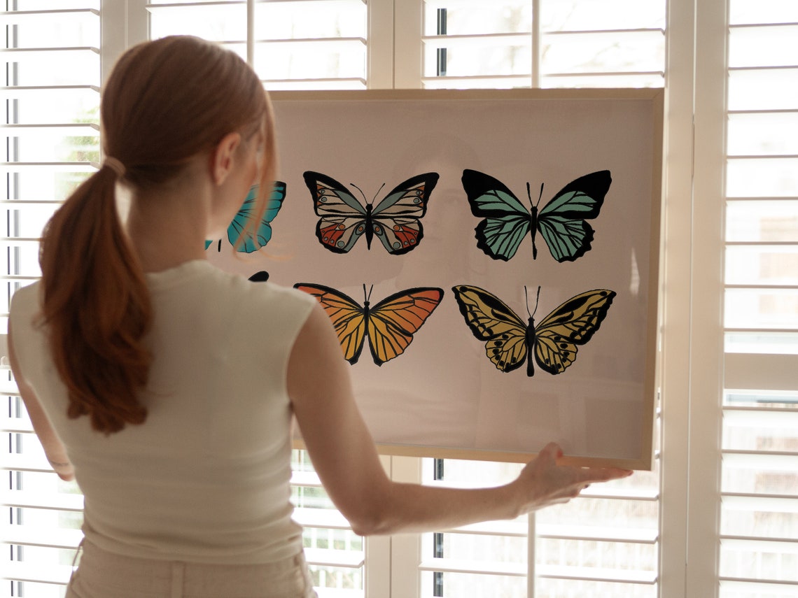 Colorful Butterfly Grid Six Illustrations Cream Boho Wall Art Poster - Image 4