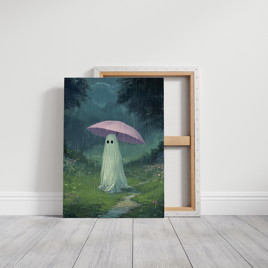 Ghost With Pink Umbrella, Moody Forest Art Print - Image 2