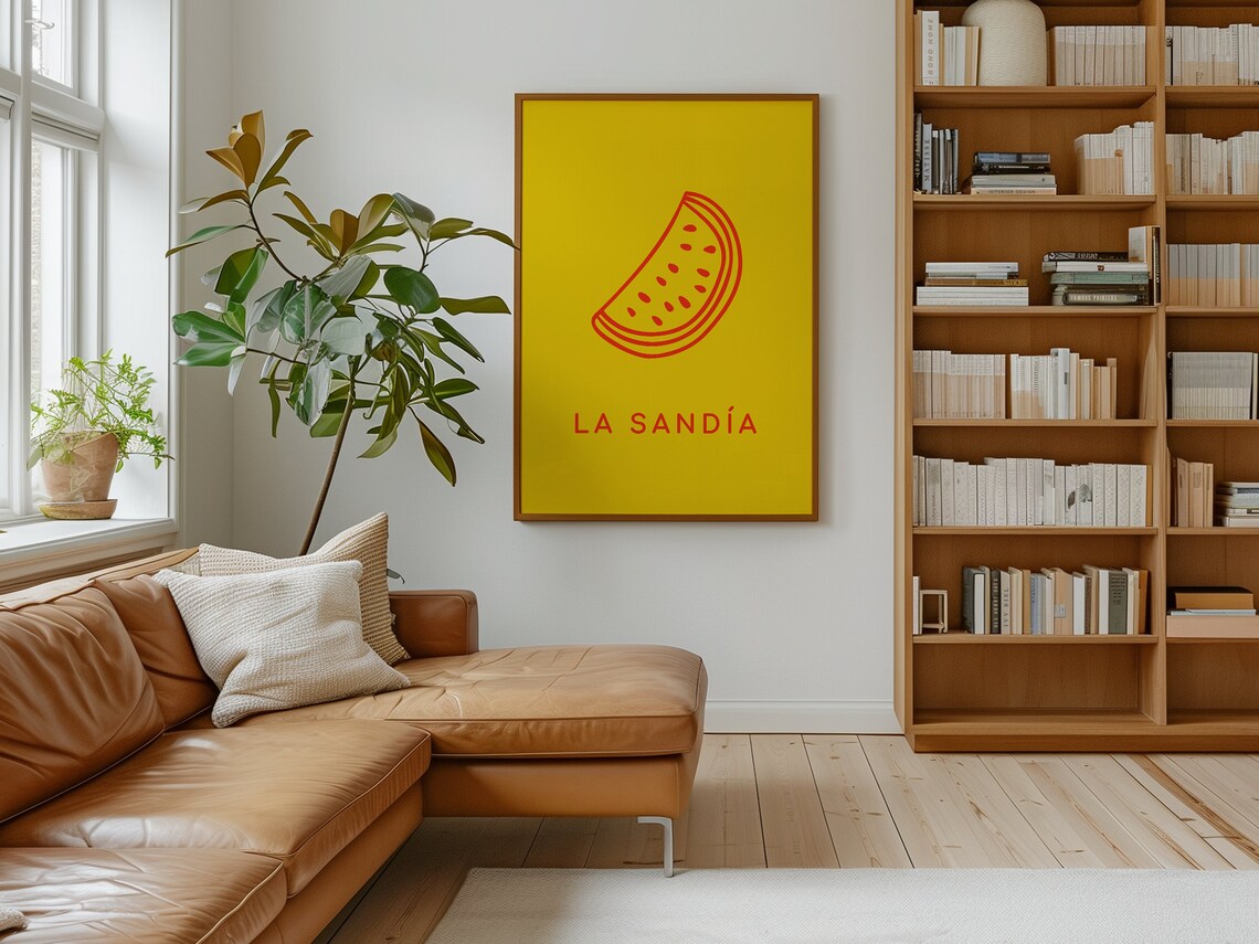 La Sandia Mexican Loteria Watermelon Slice Line Art Yellow Wall Poster - Image 2