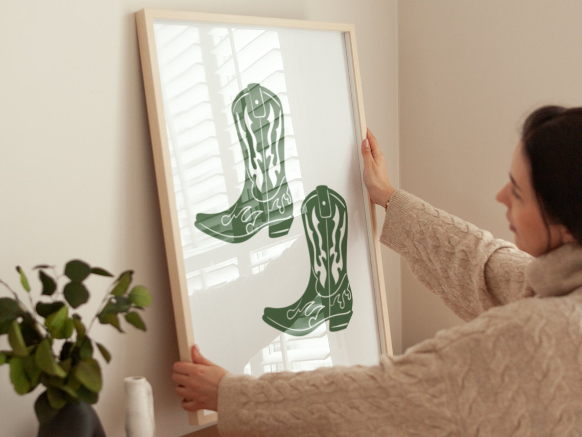 Green Cowboy Boots White Stitch Boho Western Minimalist Wall Poster - Image 4