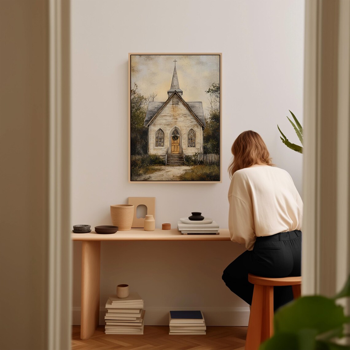 Rustic Church Painting, Vintage Country Chapel Art - Image 3