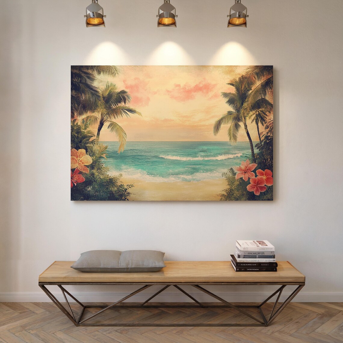 Vintage Tropical Beach Hibiscus Flowers Palm Ocean Retro Travel Poster - Image 5